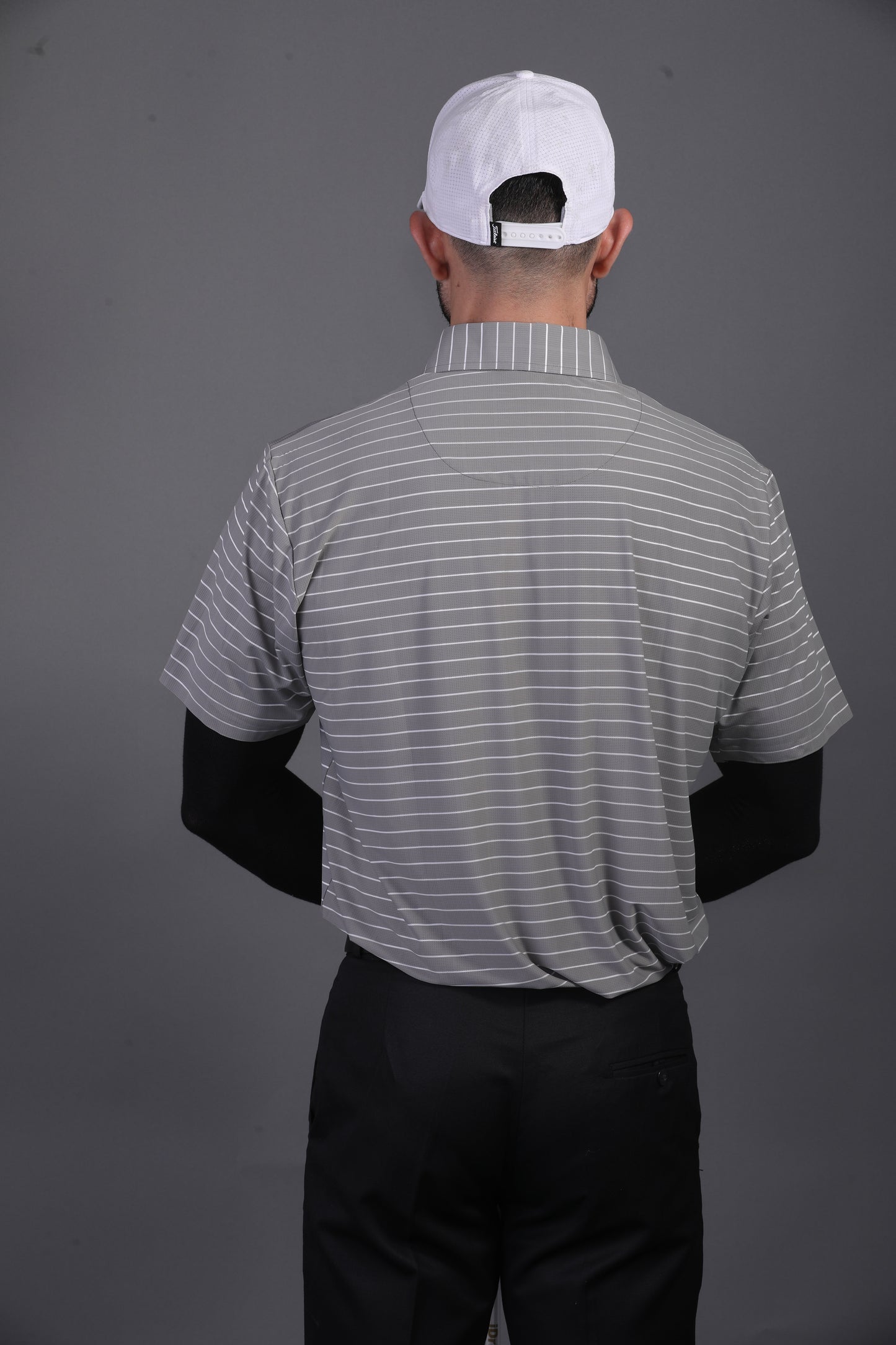 Prestige Classic Grey Green Striped Open Polo Shirt