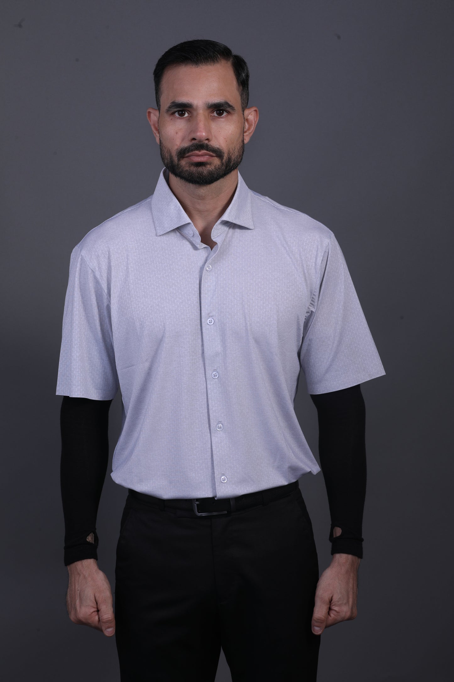 Premium Stripe Jaquard Light Grey DapperTee Open Shirt Polo For Office