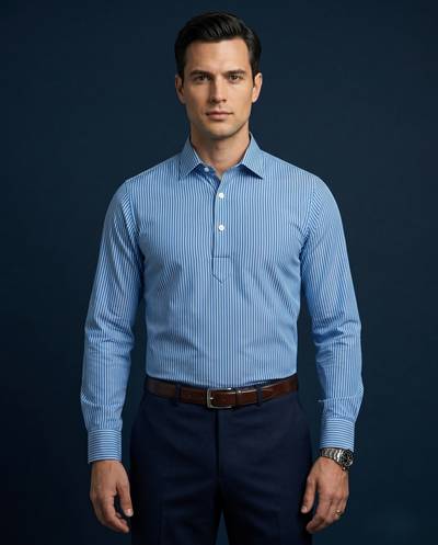 London Blue Pin Stripes Full Sleeve Polo For Office