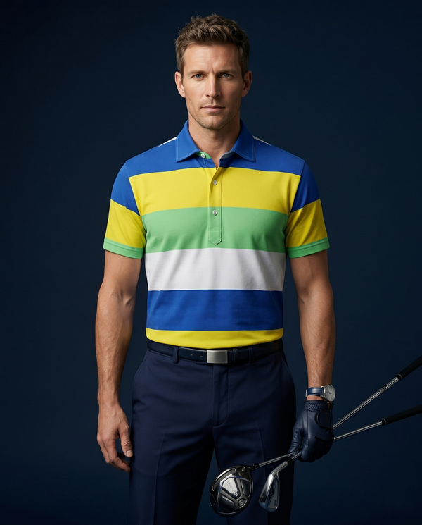 Pure Essential Flex Yellow Blue White Green Polo Version 2