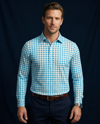 British Oxford Blue & White Checks Full Sleeve Office Polo