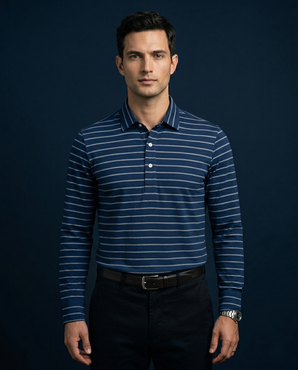 French Navy Stripes Long Sleeves Polo