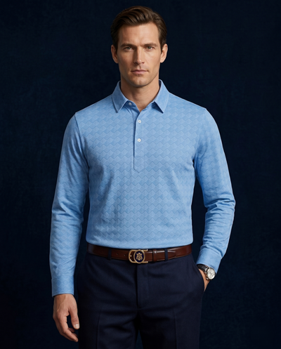 Mediterranean Sea Blue Mosaic Full Sleeve Polo For Office