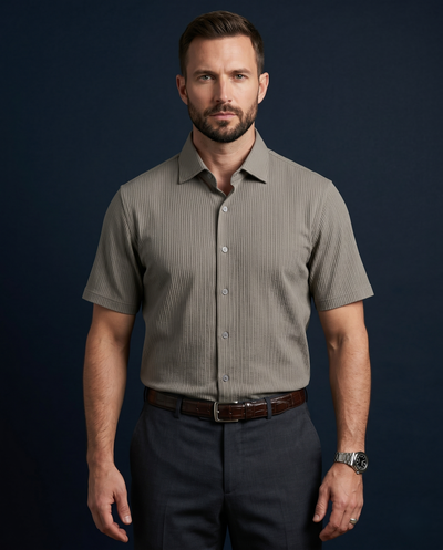 Premium Stripe Jaquard Khaki DapperTee Open Polo For Office