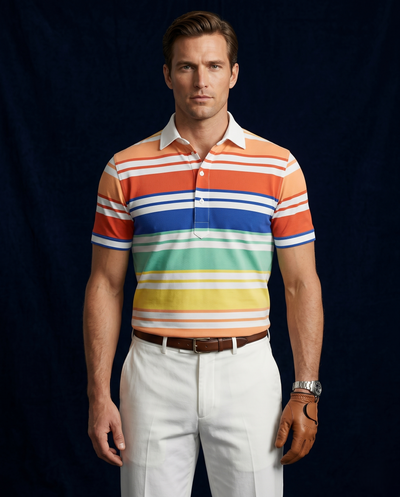 Europe Design Orange Red Blue Yellow Stripe Print Polo