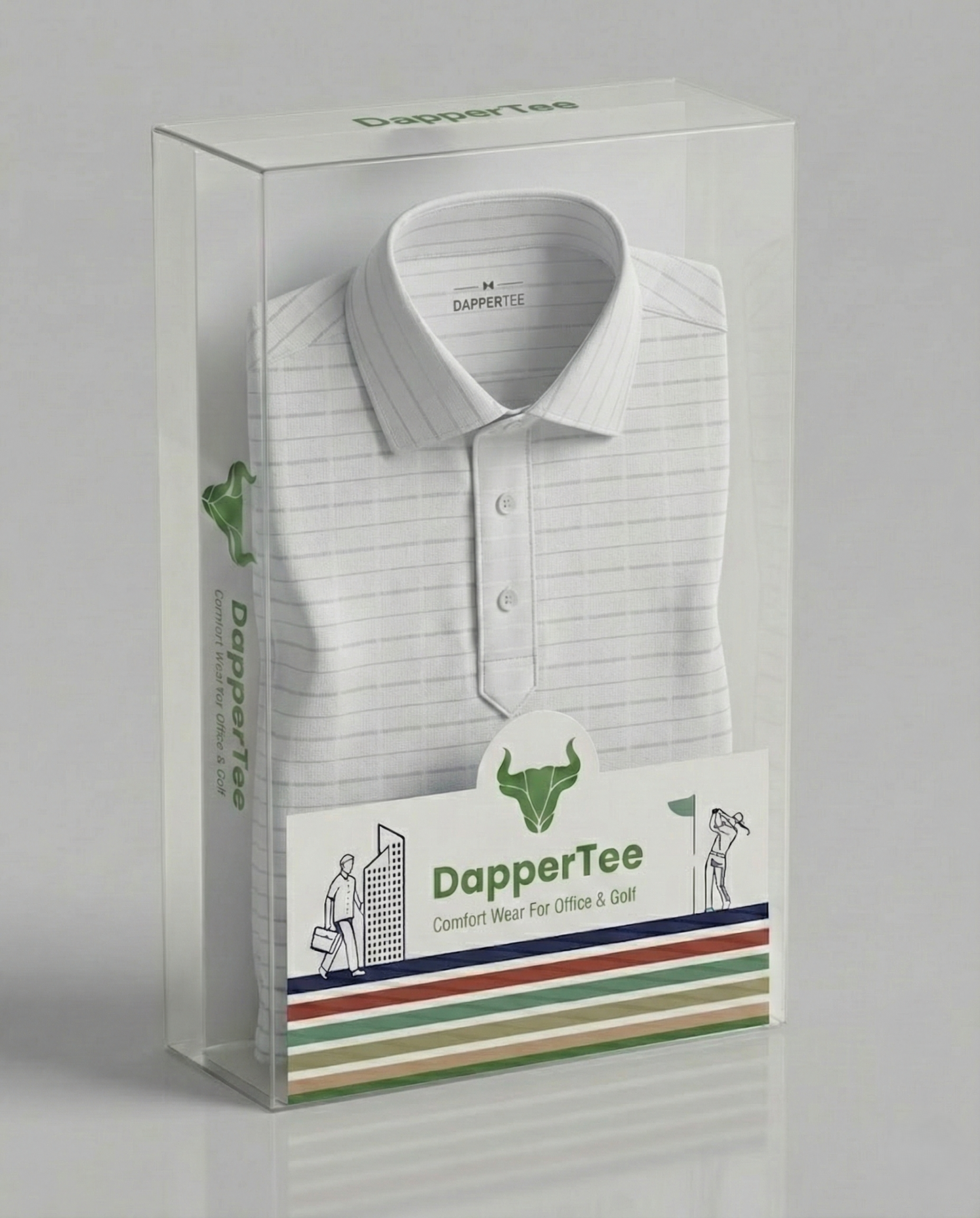 DapperTee premium stripe polo luxury packaging for high-end professional corporate gifting needs.