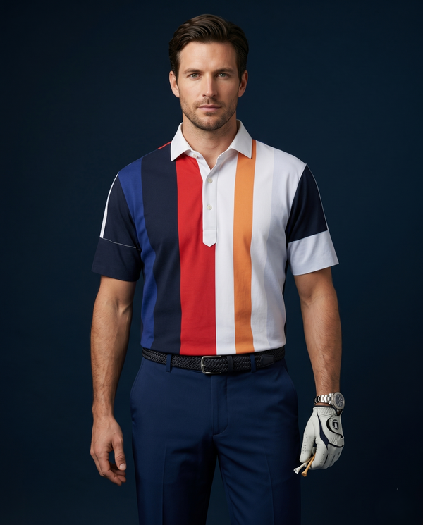 Vertical Blue Black Red Yellow Stripe Print Polo