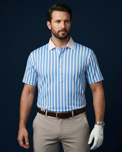 Luxe Blue Stripes Print With White Business Collar Polo