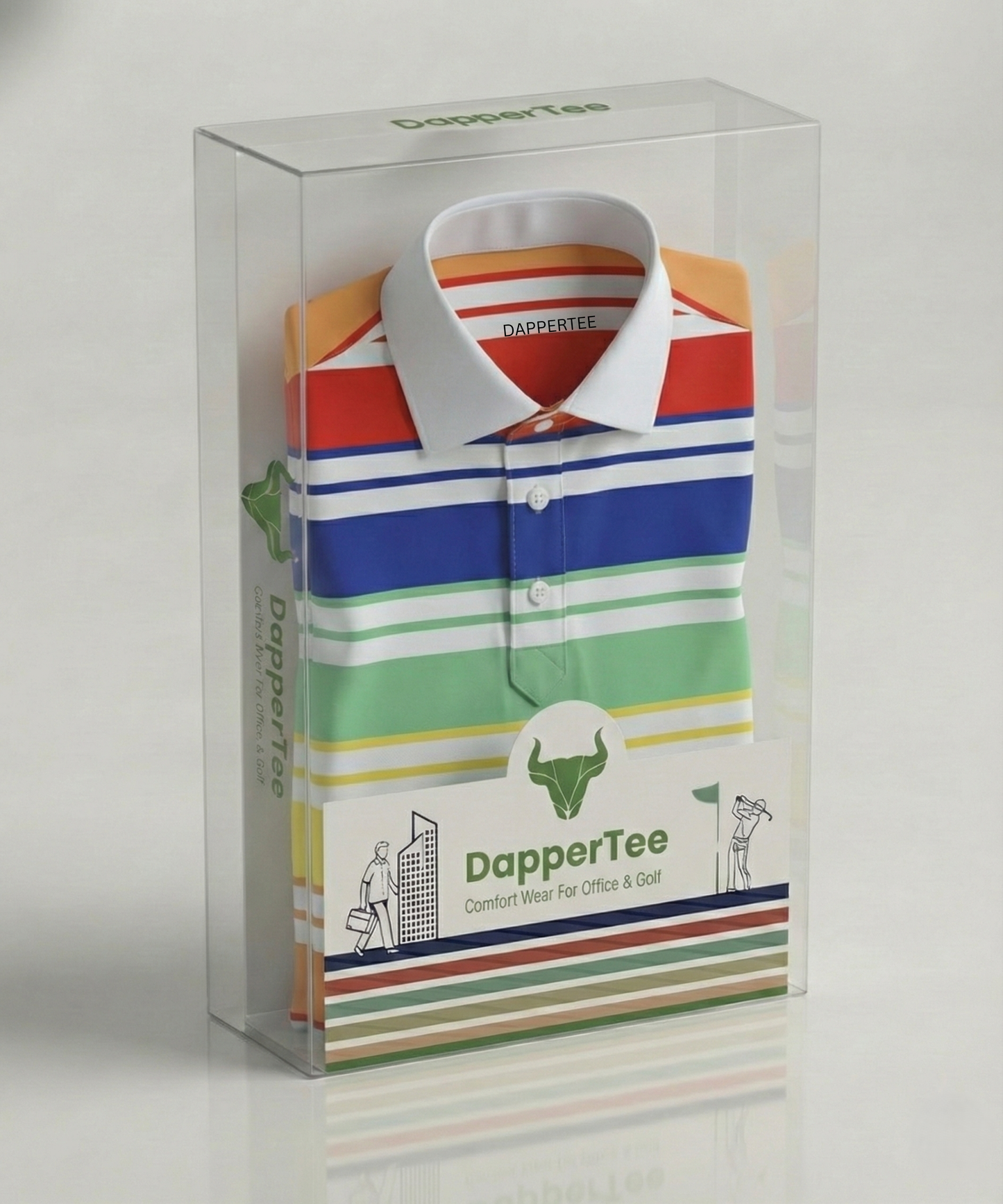 DapperTee premium stripe polo in luxury packaging for high-end corporate gifting.
