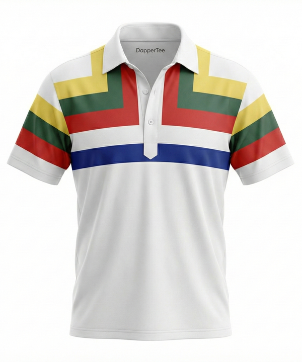 DapperTee Essential Flex striped polo luxury office wear featuring signature V-placket design.