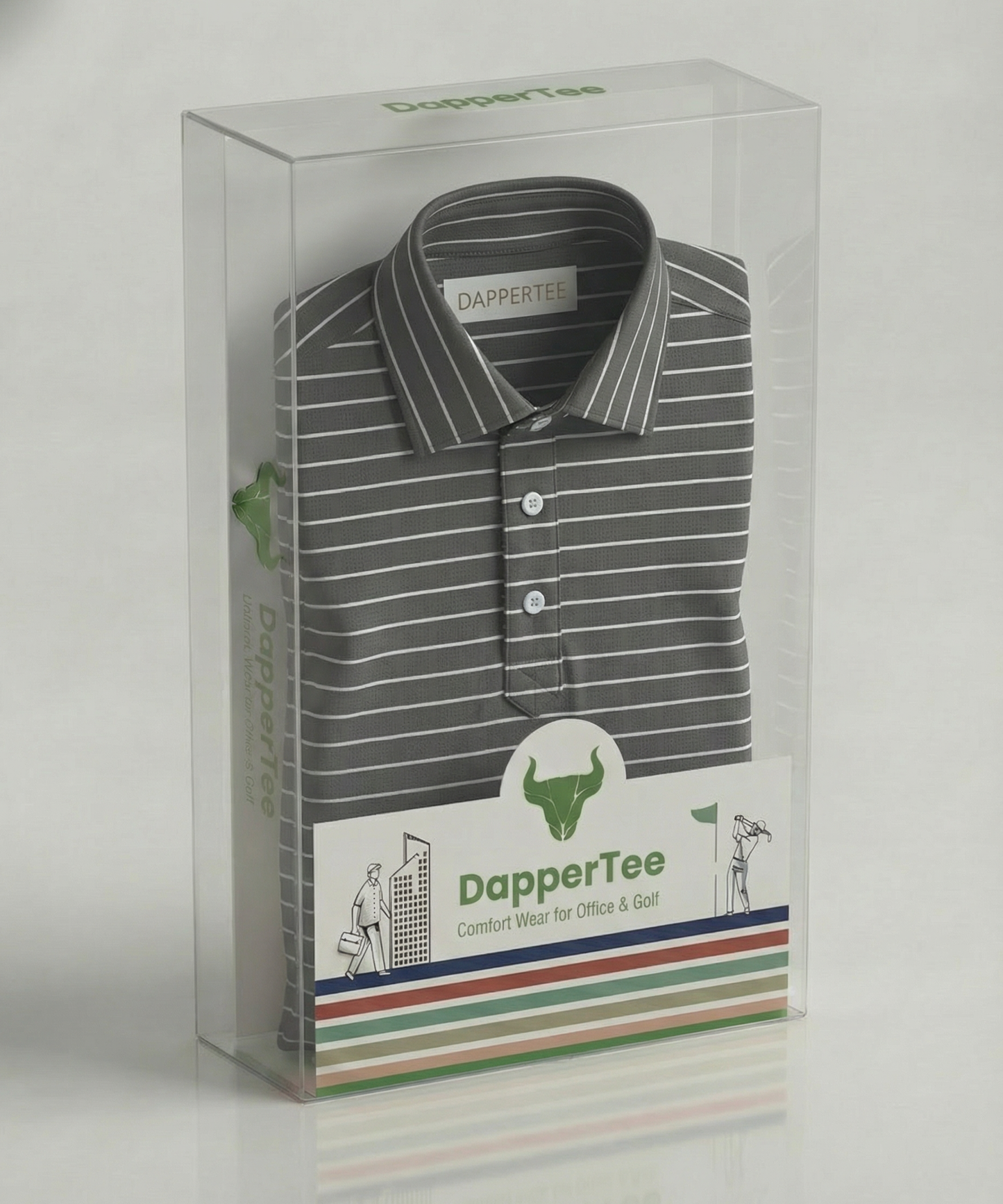 DapperTee premium stripe polo luxury packaging for high-end professional corporate gifting needs.