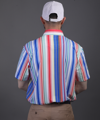 DapperTee Luxe Vertical multicolor polo highlighting firm collar and relaxed fit design.