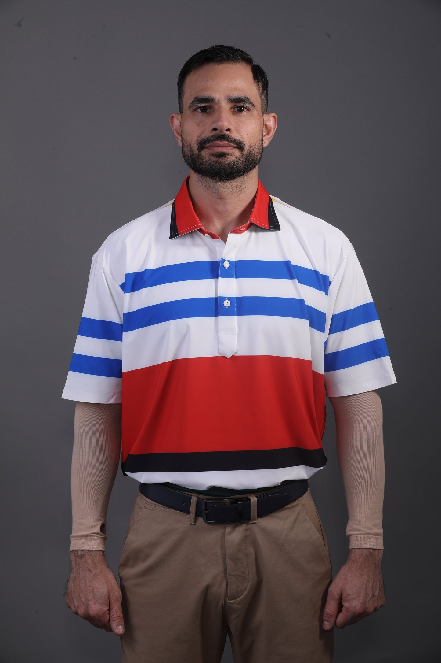 American Red Blue White Flex Stripe Print Polo