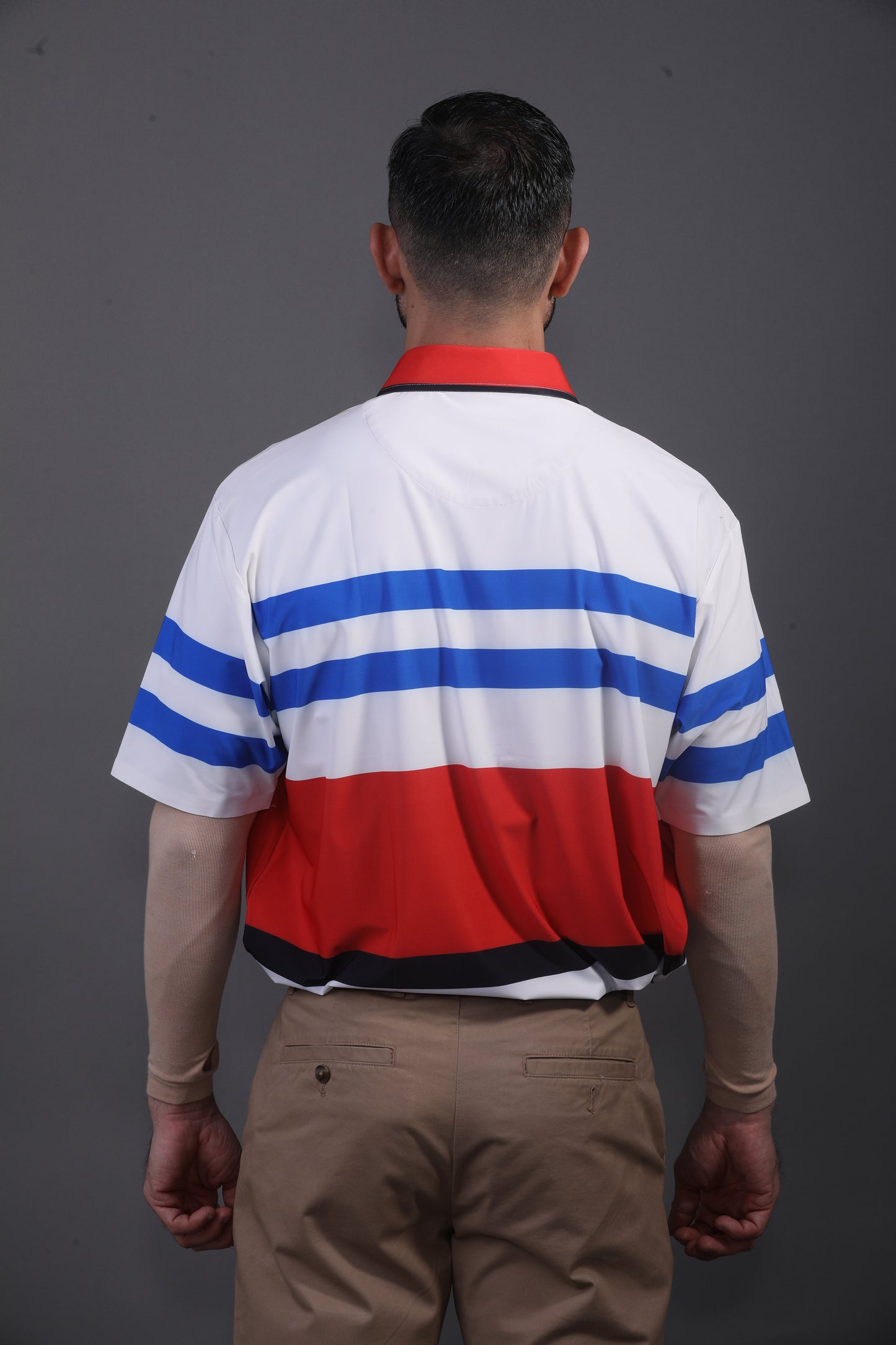 American Red Blue White Flex Stripe Print Polo