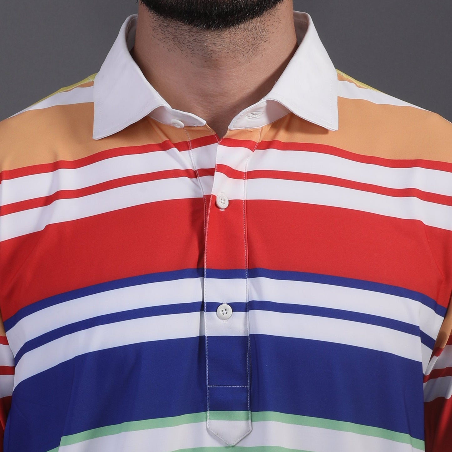 Europa Design Orange Red Blue Yellow Stripe Print Polo