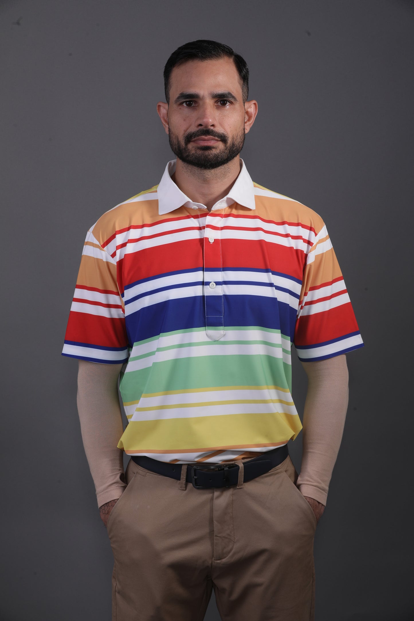 Europa Design Orange Red Blue Yellow Stripe Print Polo