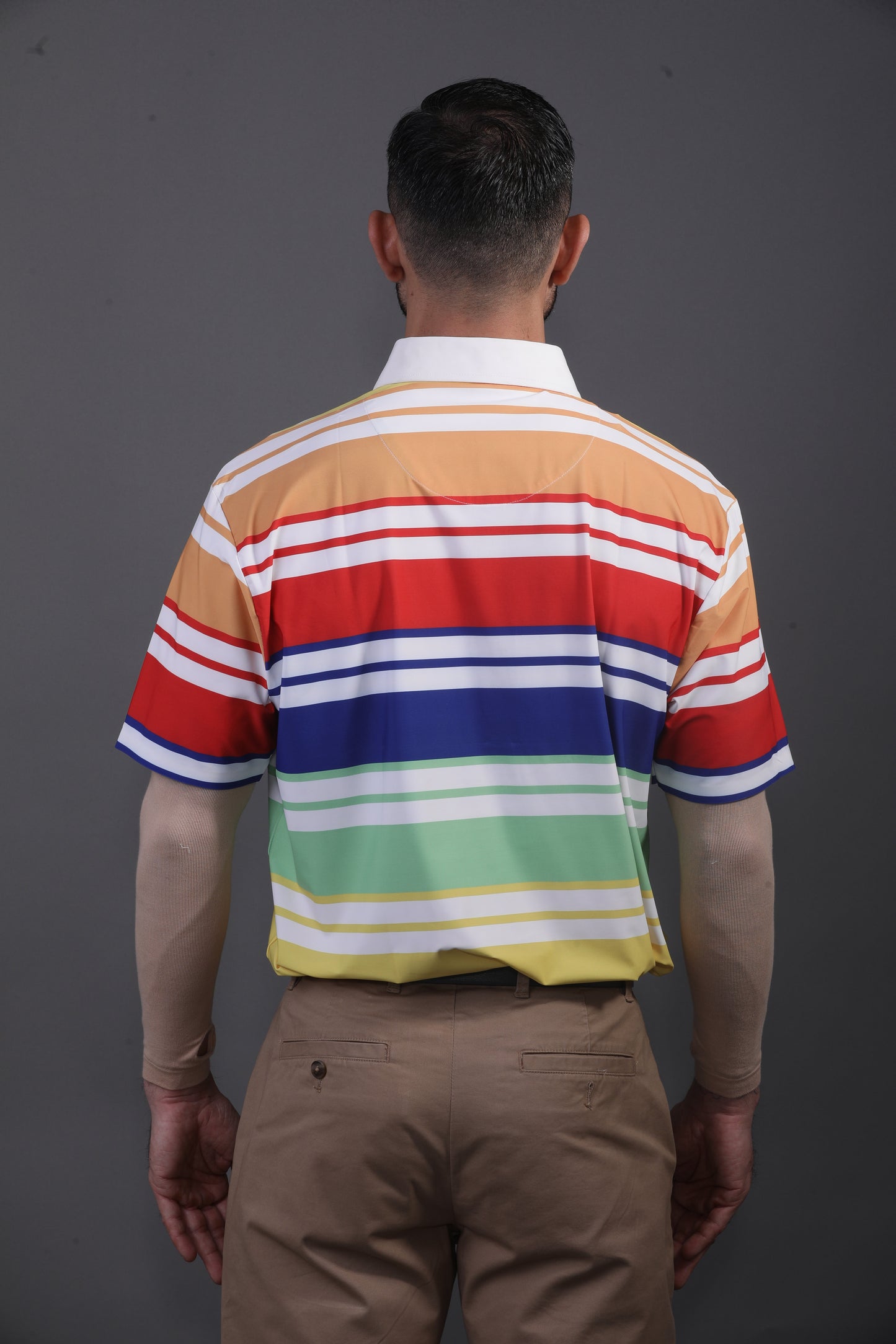 Europa Design Orange Red Blue Yellow Stripe Print Polo
