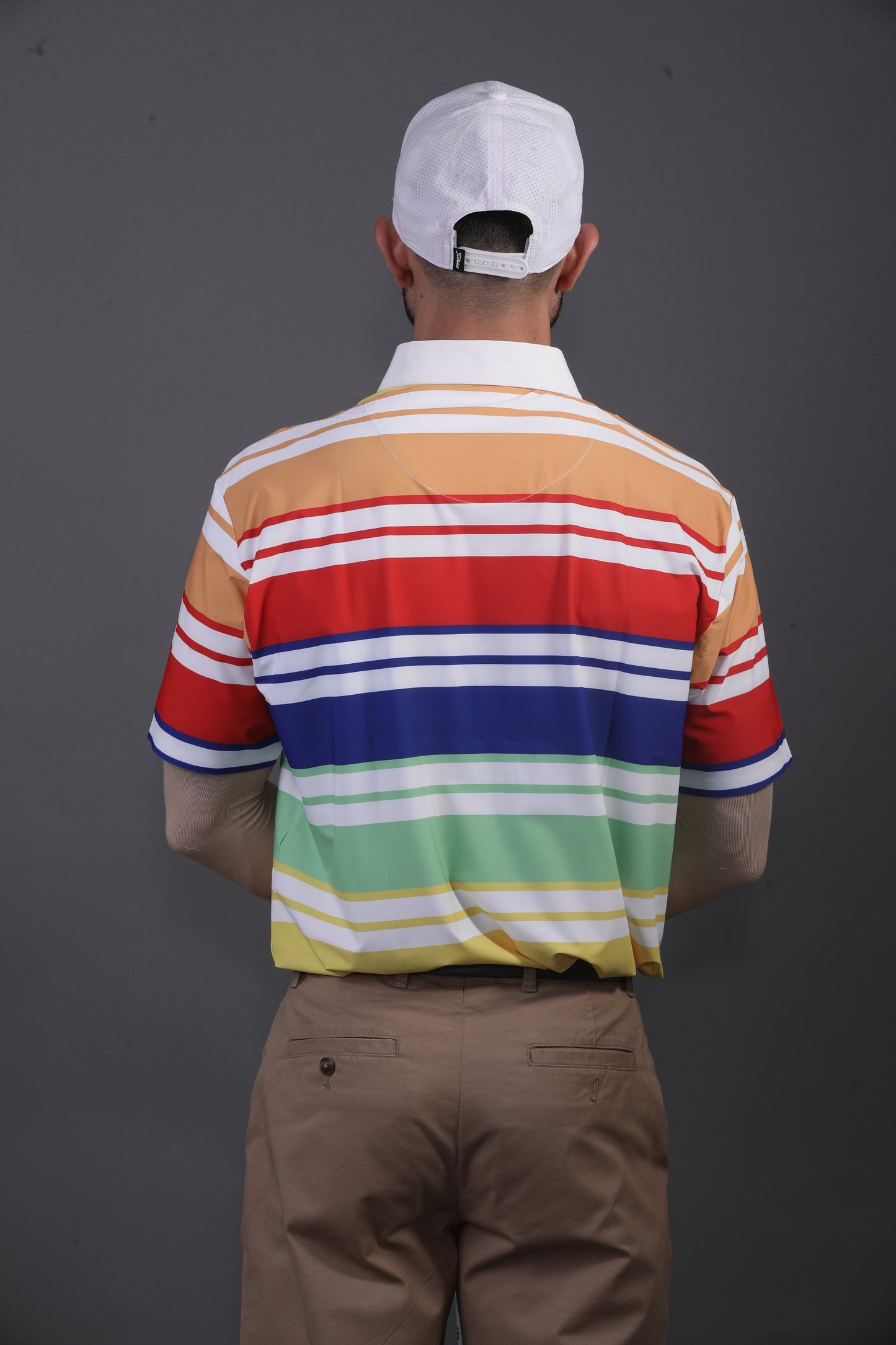 Europa Design Orange Red Blue Yellow Stripe Print Polo