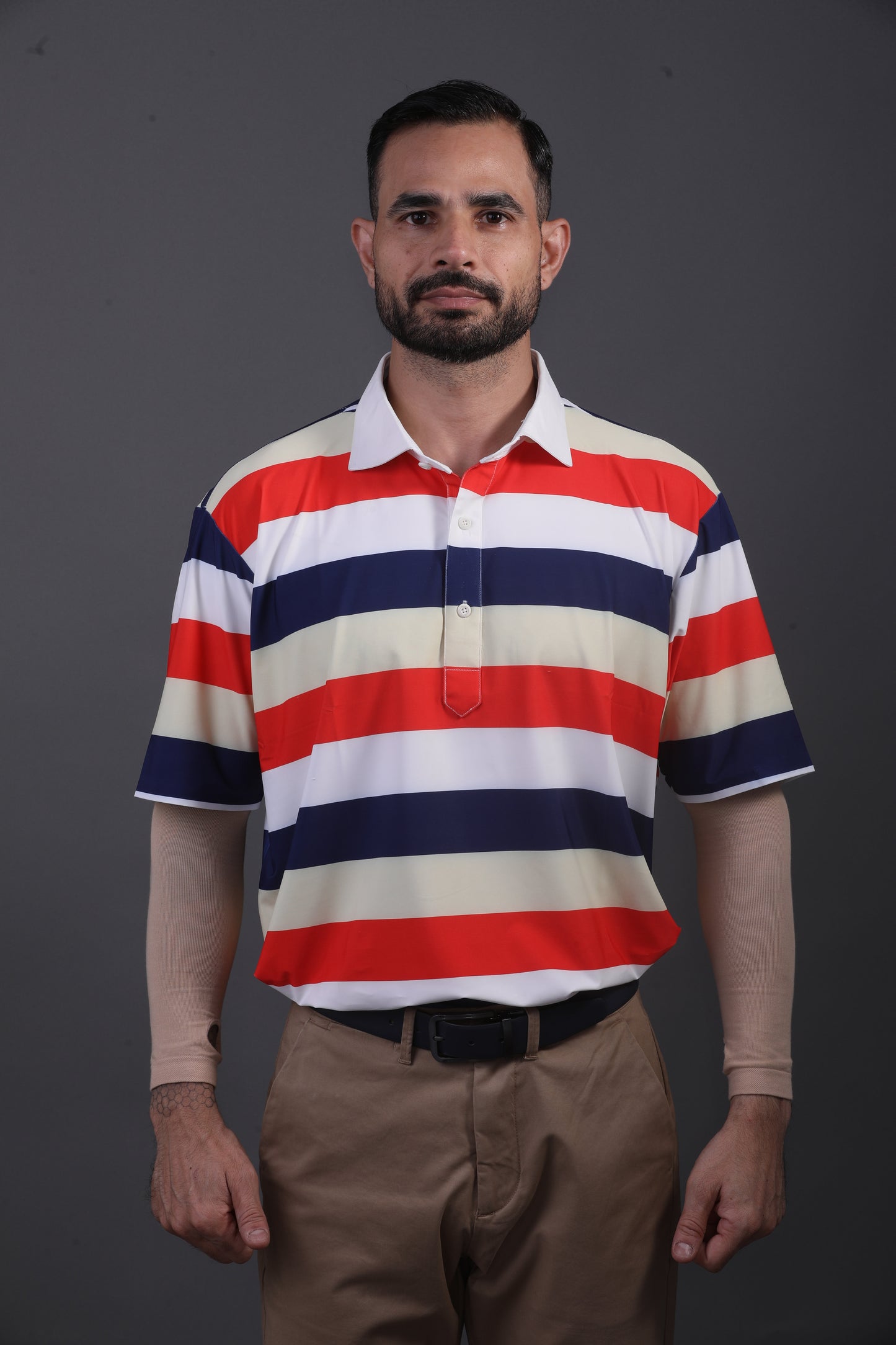 American Essential Stripe Flex Red Blue White Polo