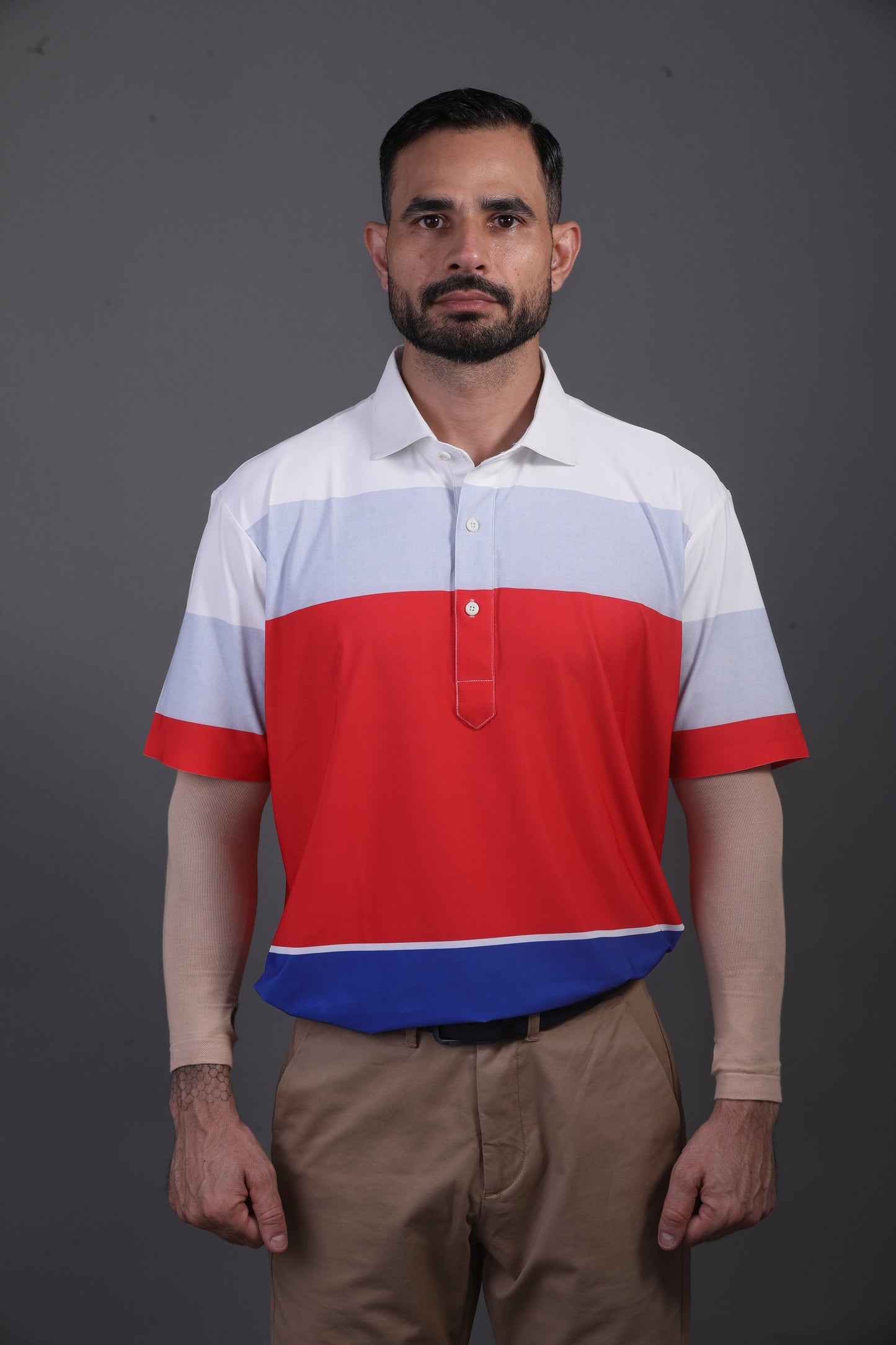Flex Broad Red Grey Blue Stripe Print Polo