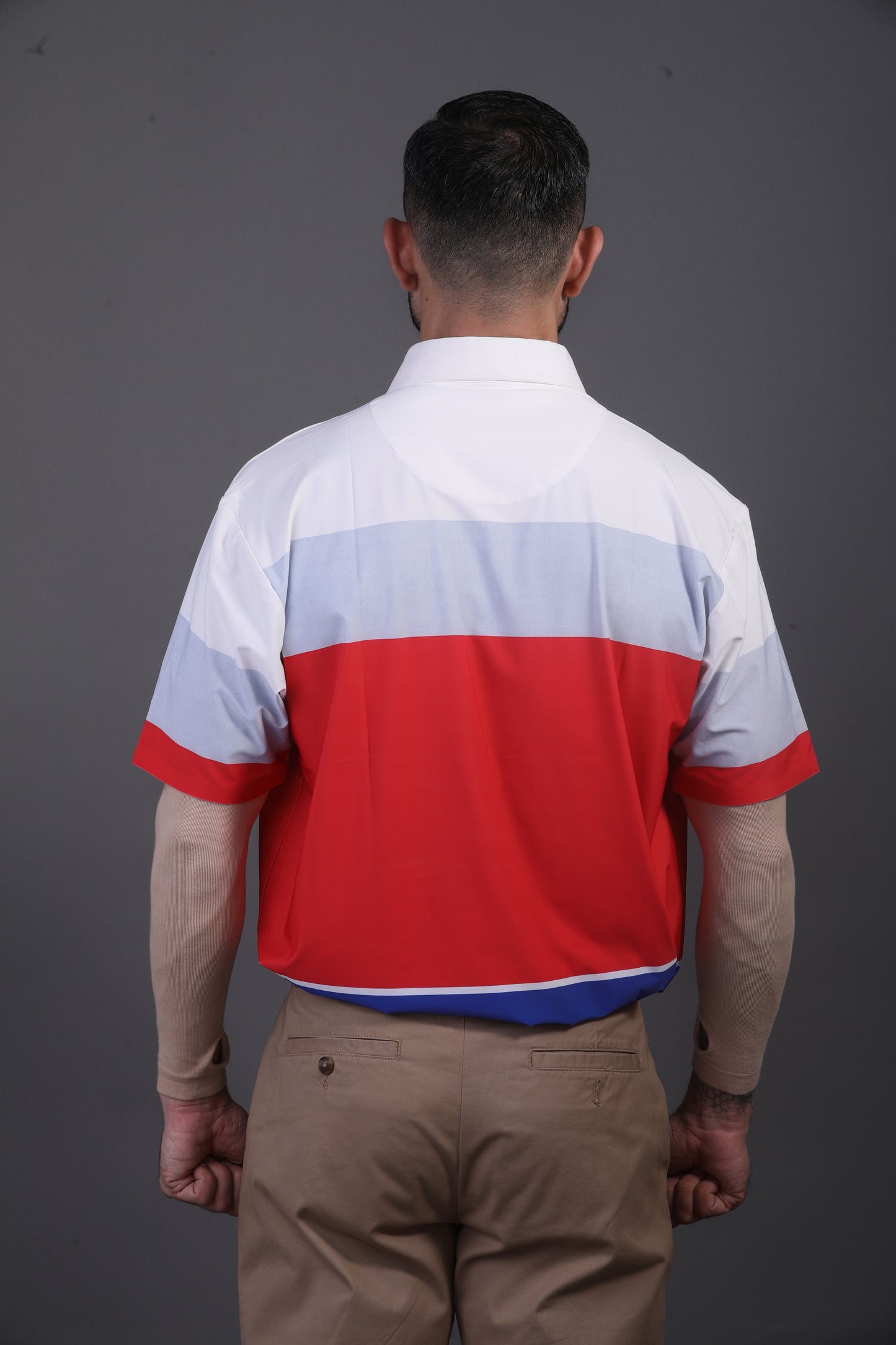 Flex Broad Red Grey Blue Stripe Print Polo
