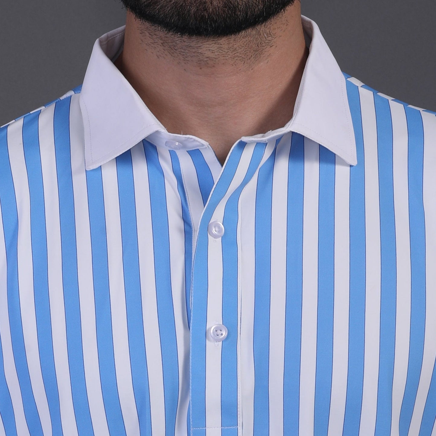 Luxe Blue Stripes Print With White Business Collar Polo