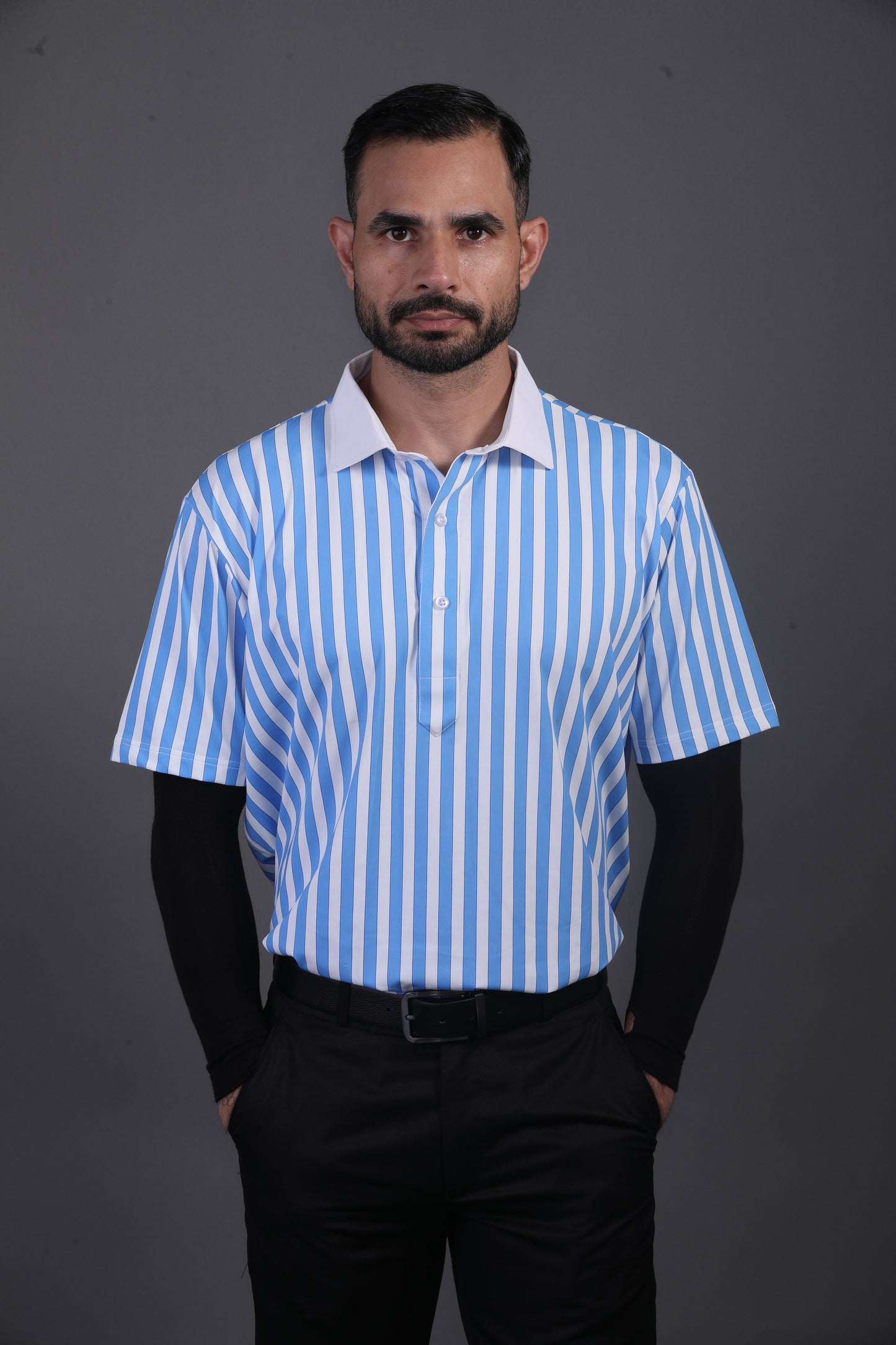Luxe Blue Stripes Print With White Business Collar Polo