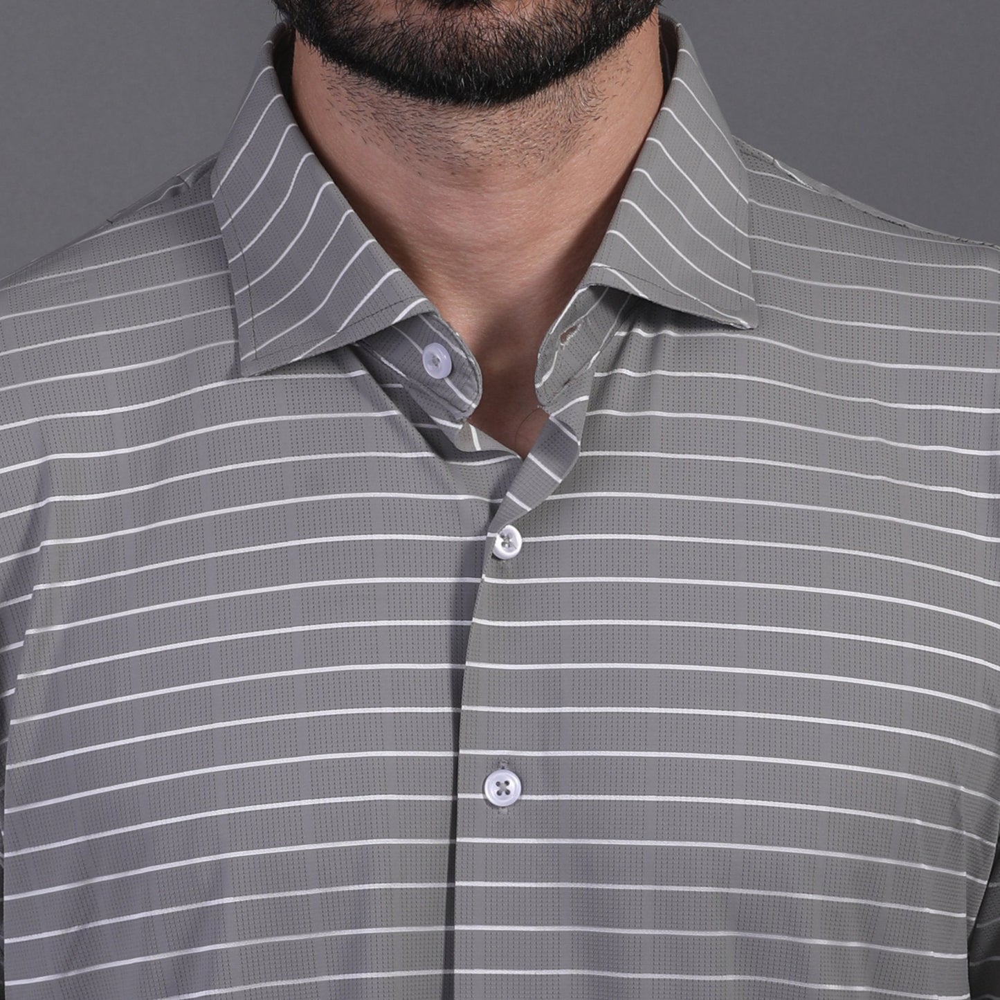 Prestige Classic Grey Green Striped Open Polo Shirt