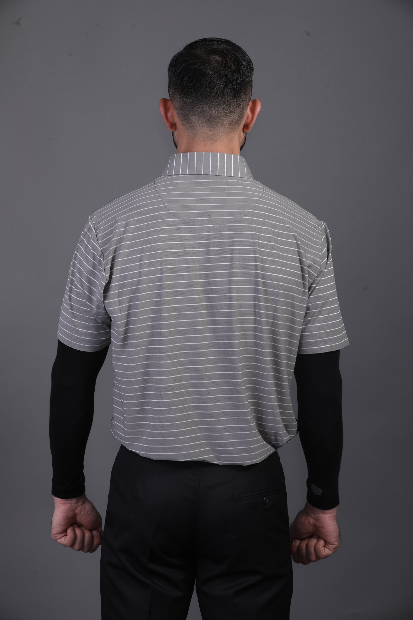 Prestige Classic Grey Green Striped Open Polo Shirt