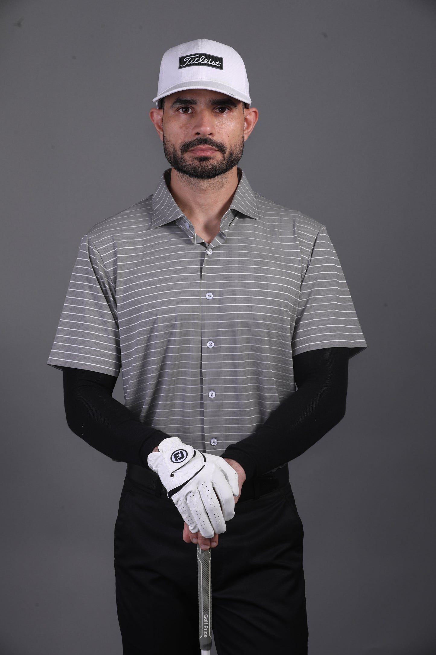 Prestige Classic Grey Green Striped Open Polo Shirt