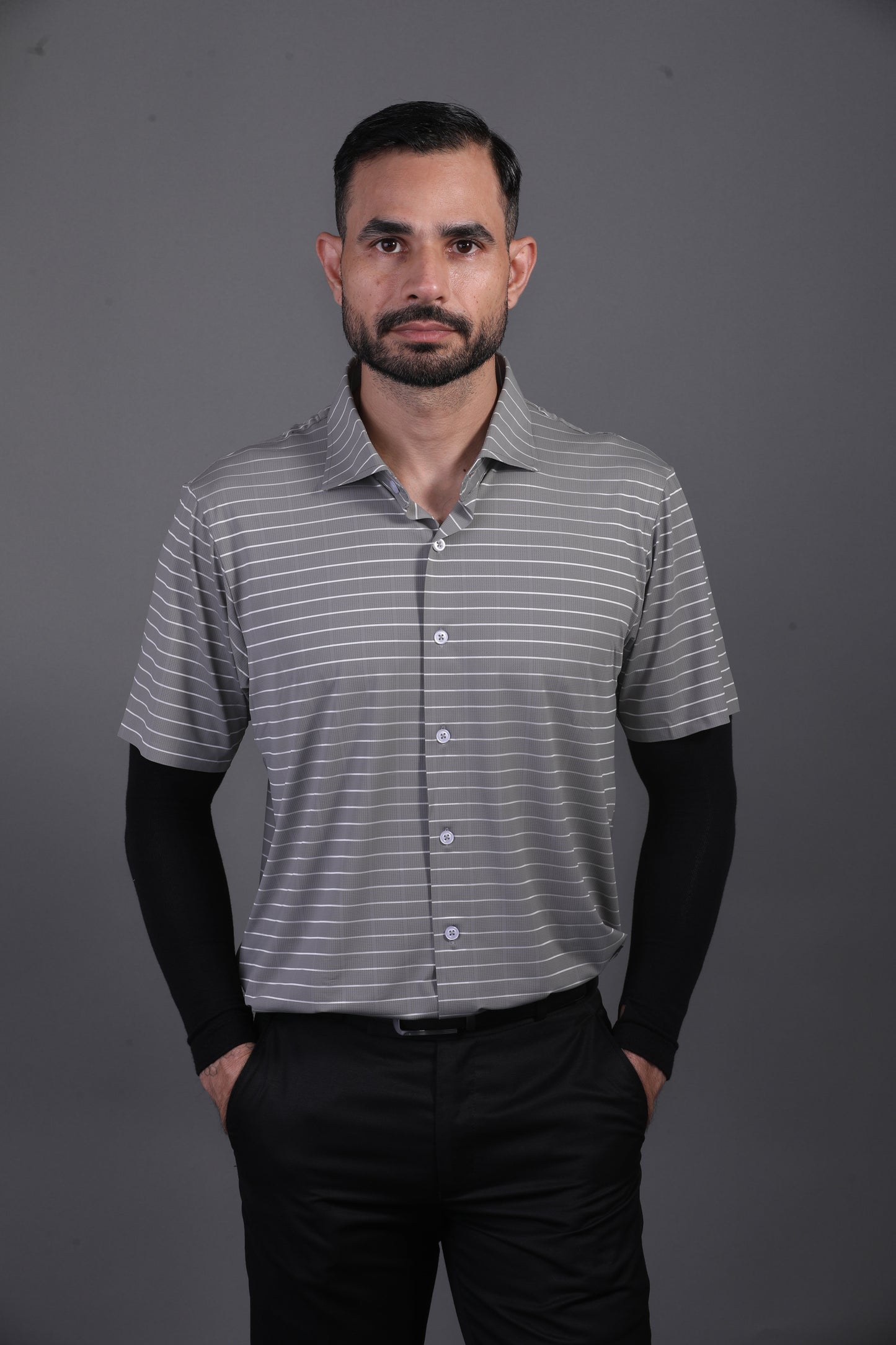Prestige Classic Grey Green Striped Open Polo Shirt