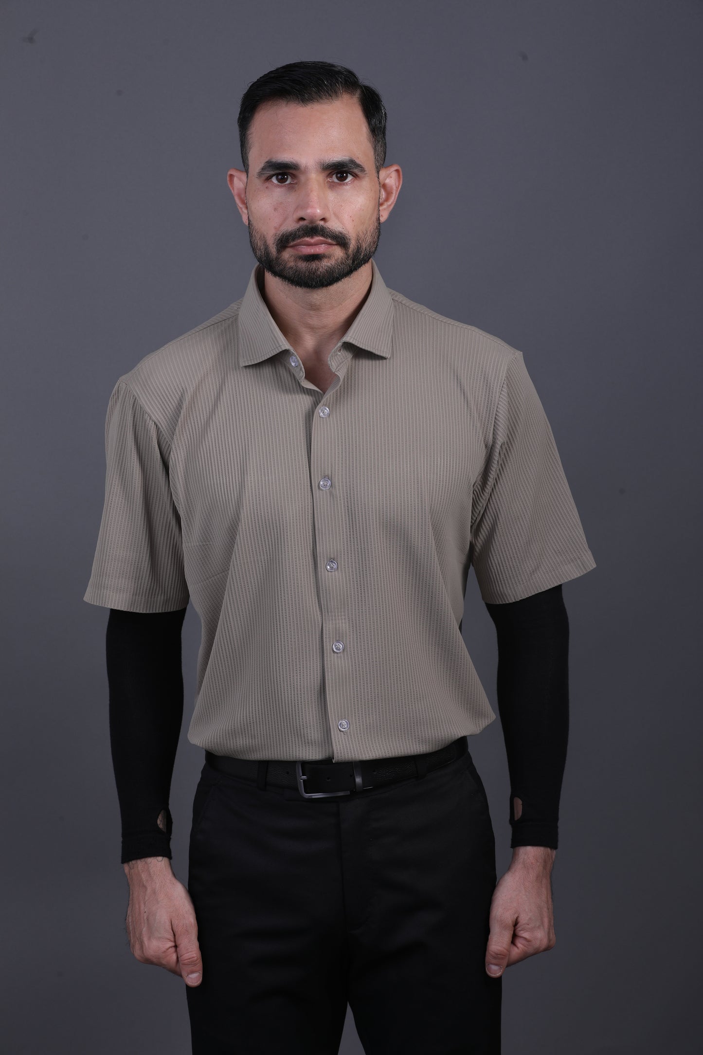 Premium Stripe Jaquard Khaki  DapperTee Open Shirt Polo For Office