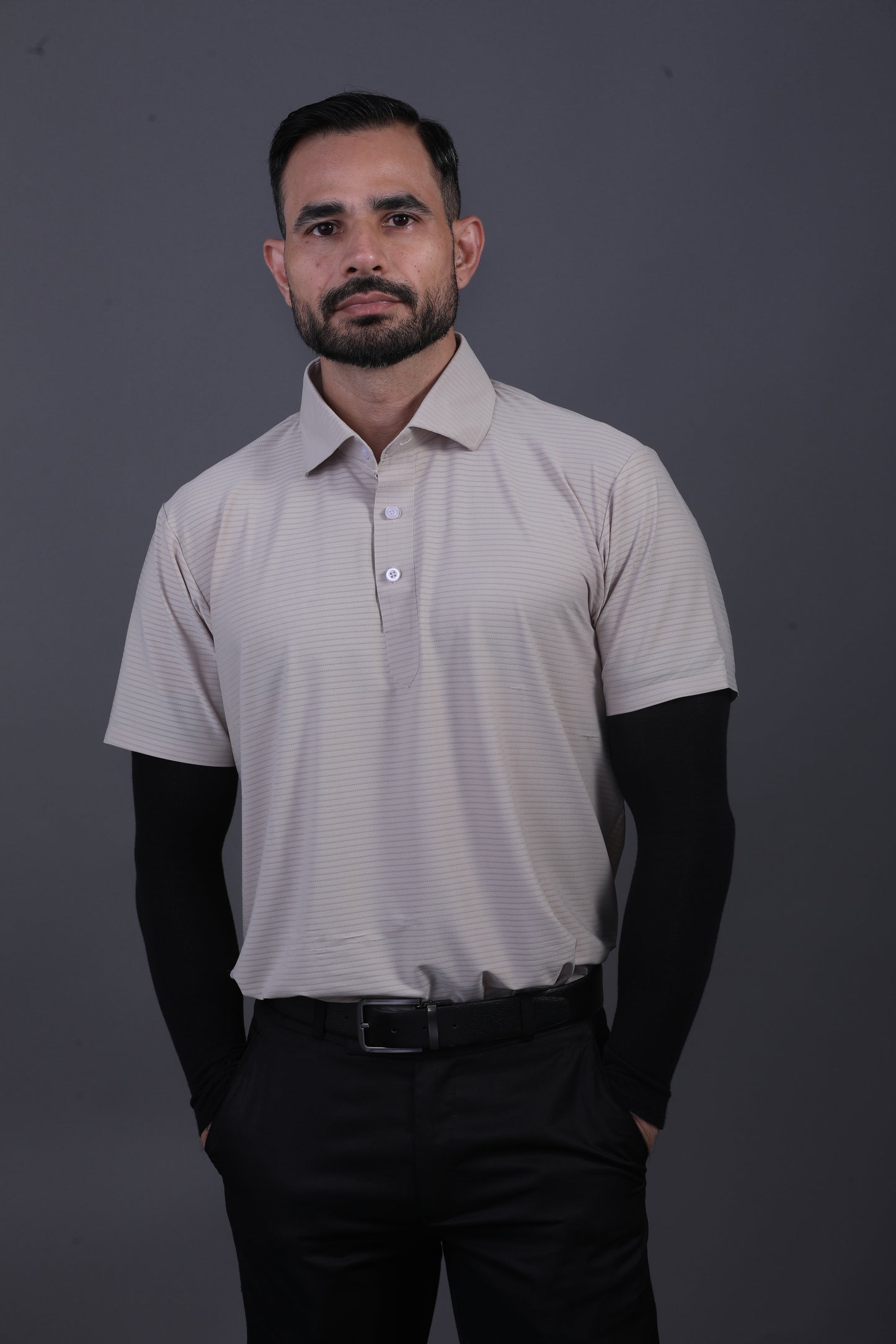 Premium Strip Jaquard Light Khaki DapperTee Polo For Office