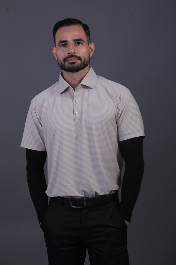 Premium Strip Jaquard Light Khaki DapperTee Polo For Office