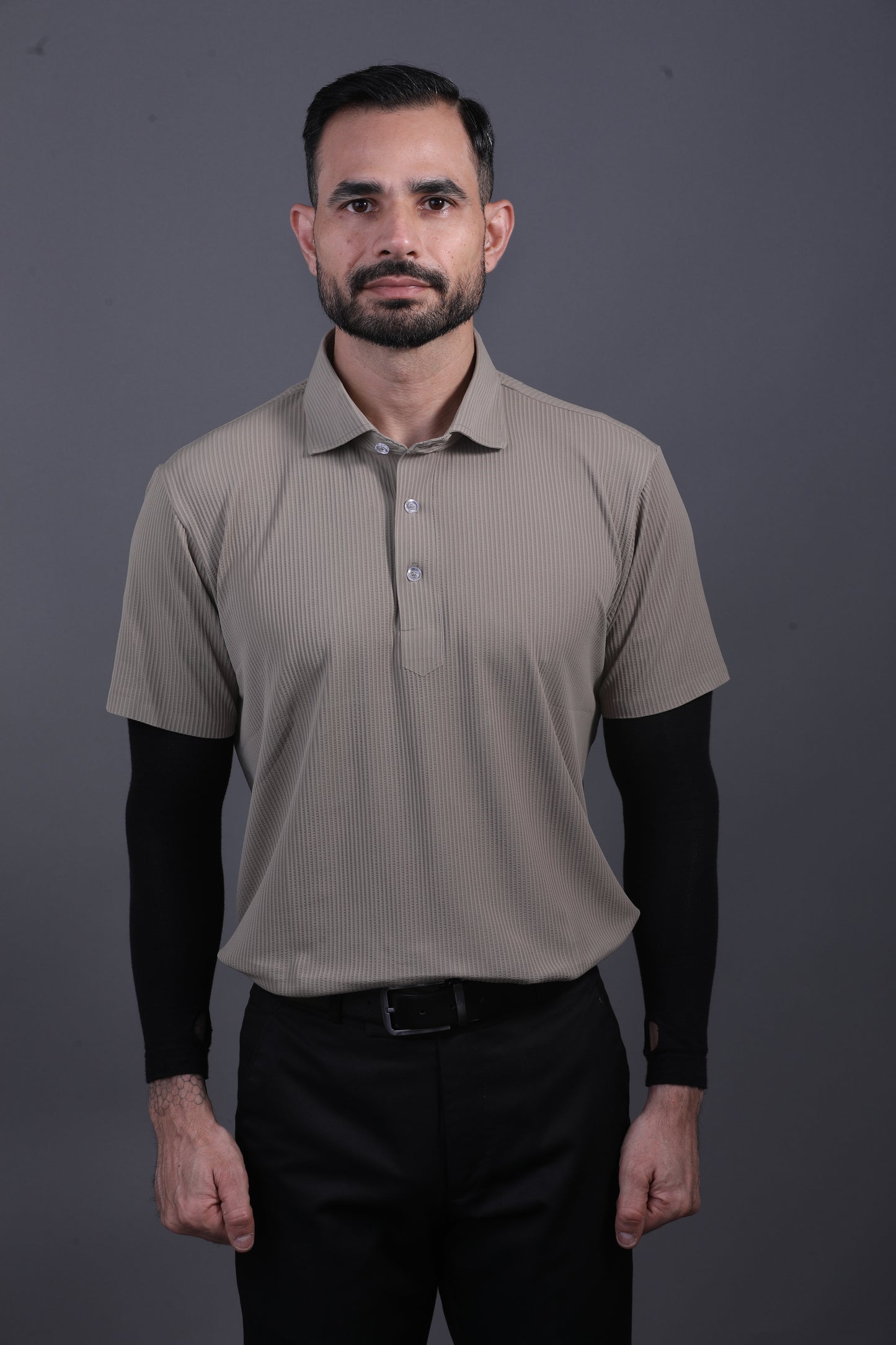 Premium Stripe Jaquard Light Khaki DapperTee Polo For Office