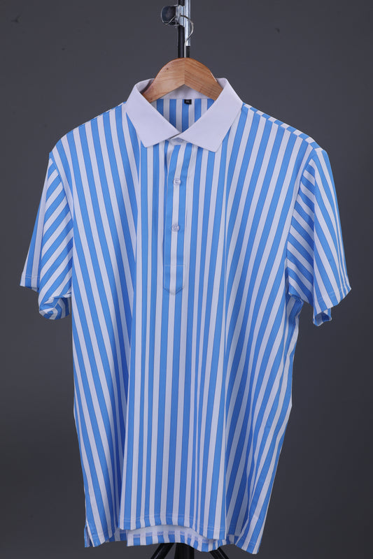 Luxe Blue Stripes Print With White Business Collar Polo