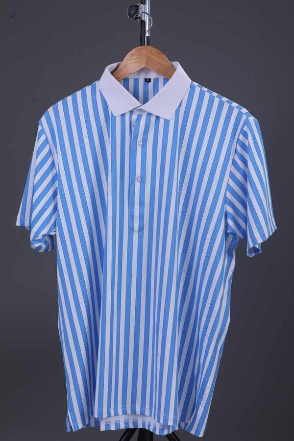 Luxe Blue Stripes Print With White Business Collar Polo