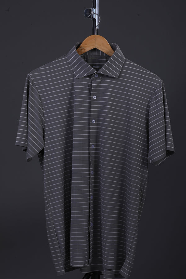 Prestige Classic Grey Green Striped Open Polo Shirt