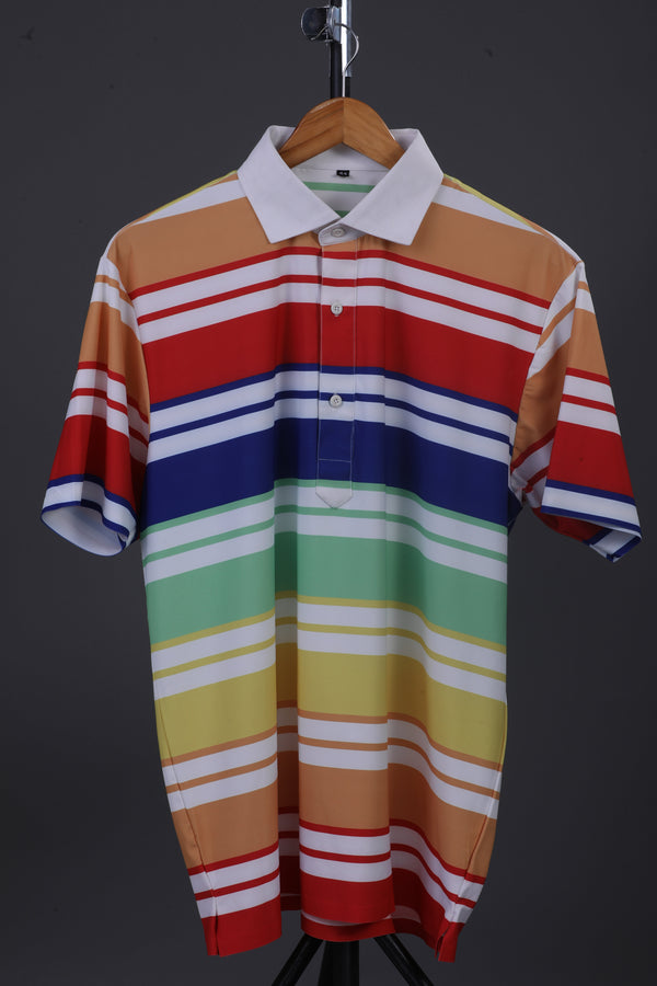 Europe Design Orange Red Blue Yellow Stripe Print Polo