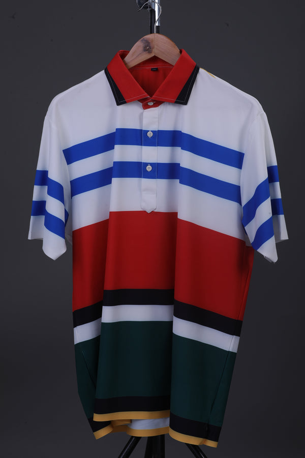 American Red Blue White Flex Stripe Print Polo