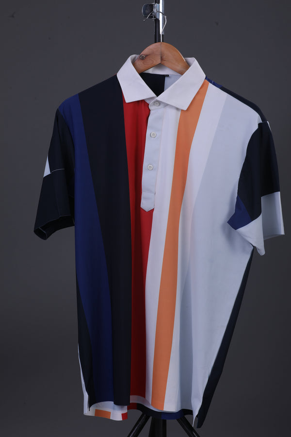 Vertical Blue Black Red Yellow Stripe Print Polo