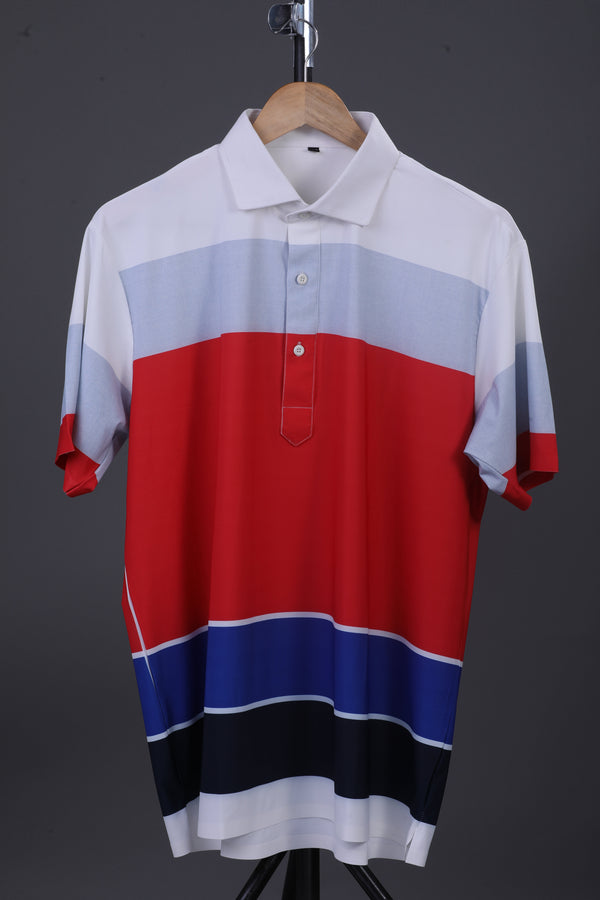 Flex Broad Red Grey Blue Stripe Print Polo