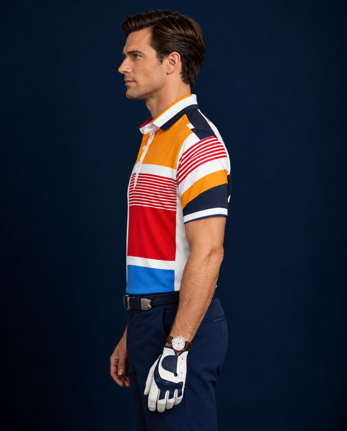 Side view of a man wearing the DapperTee colour-block golf polo with navy trousers and a golf glove.