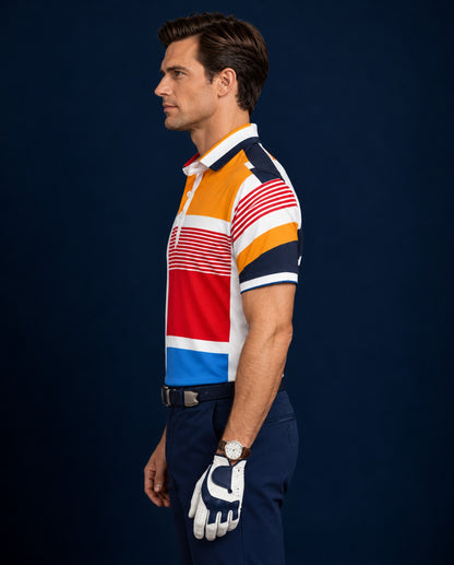 Side view of a man wearing the DapperTee colour-block golf polo with navy trousers and a golf glove.