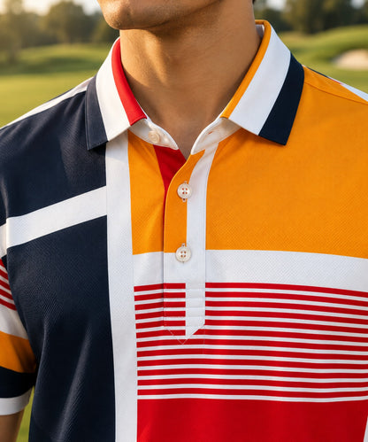 Close-up of the white collar, pearl buttons and red pin-stripe chest panel on the DapperTee golf polo.