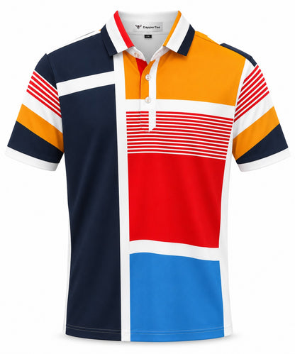 DapperTee colour-block golf polo in navy, amber, red and sky blue, flat lay.