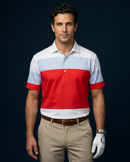 Flex Broad Red Grey Blue Stripe Print Polo
