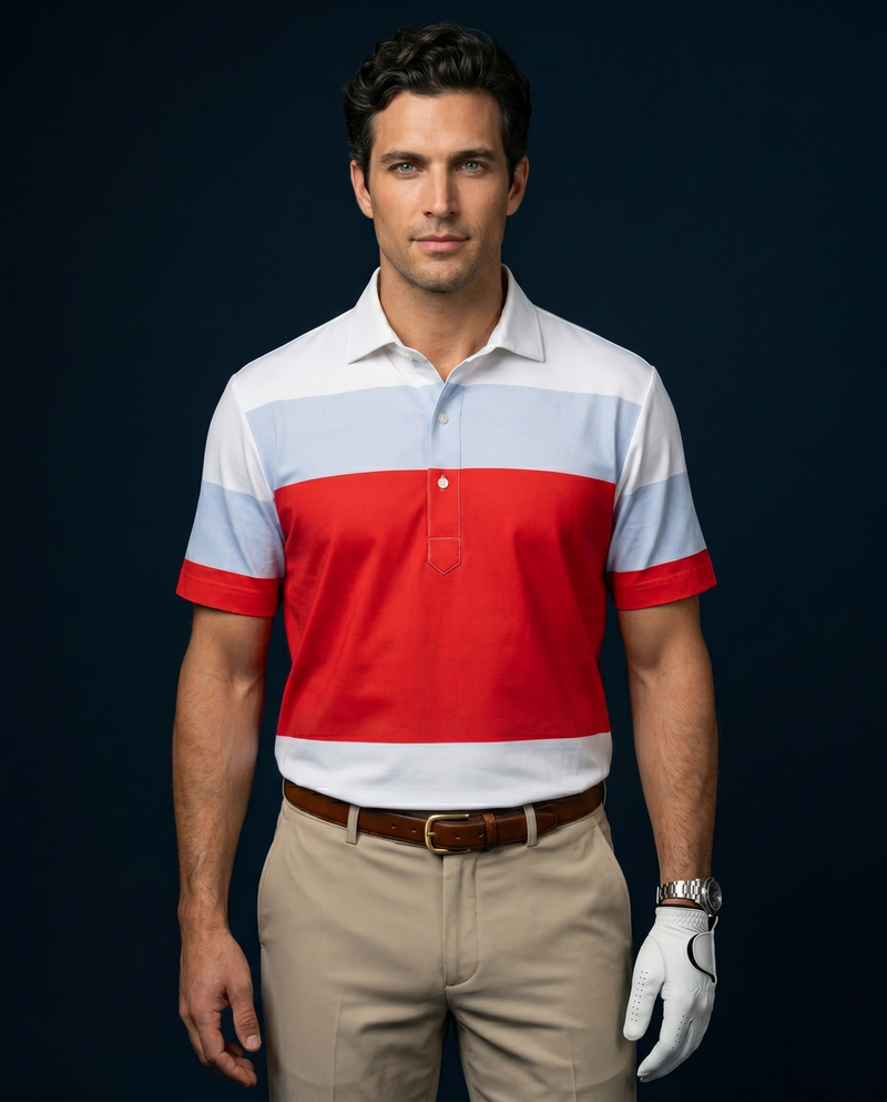 Flex Broad Red Grey Blue Stripe Print Polo