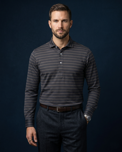 Afrikaans Ultra Grey Gold Stripe Long Sleeves Polo
