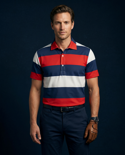 American Essential Flex Blue Red White Polo Version 2